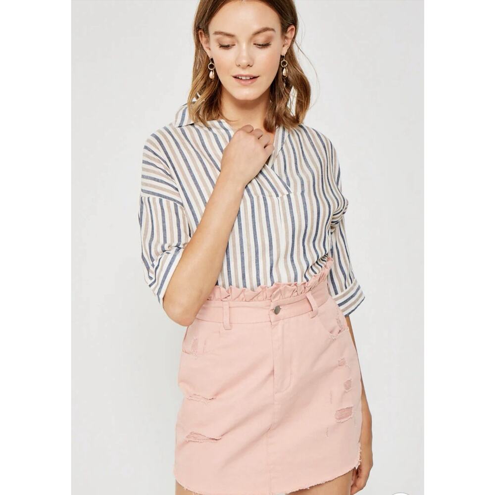 HAYDEN LOS ANGELES Womens Denim Skirt Pink Distressed Paperbag Waist Large